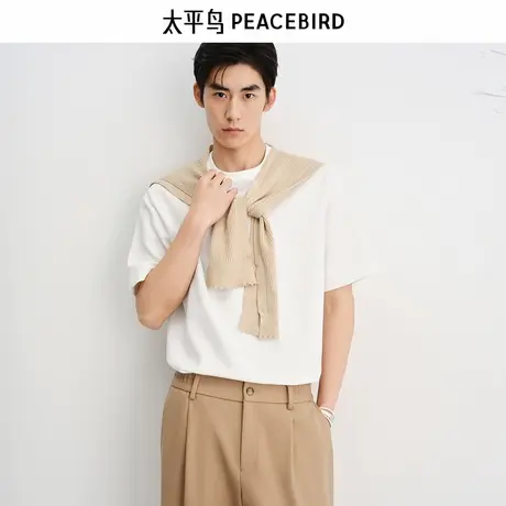 【商场同款】太平鸟男装重磅提花T恤秋新款纯色体恤衫B1CNF3117商品大图