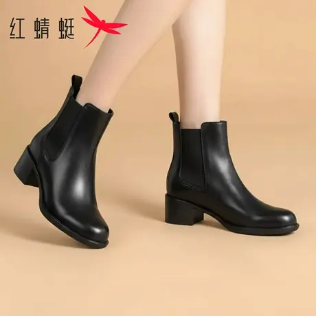 红蜻蜓女鞋2025冬季新款真皮切尔西靴女粗跟短靴加绒时尚休闲棉鞋图片