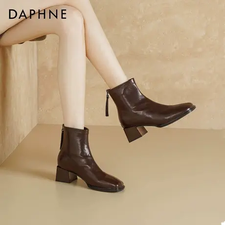 达芙妮法式小短靴女2025新款爆款方头粗跟裸靴高跟瘦瘦靴子马丁靴图片