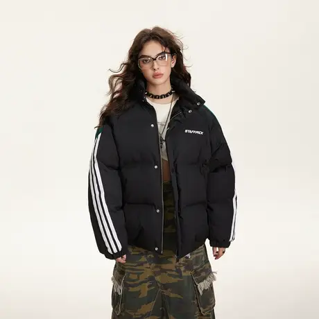 派克服夹棉冬季外套2023新款条纹拼色棉服女复古宽松立领加厚棉衣图片