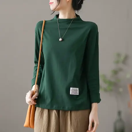 dza文艺复古纯棉半高领白色t恤女士春新款内搭长袖上衣宽松打底衫商品大图