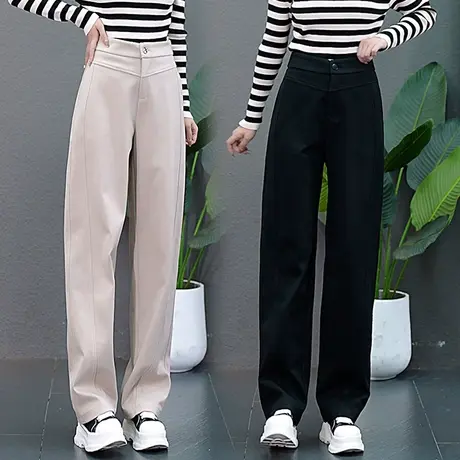 杏色毛呢阔腿香蕉裤女秋冬季2023年新款高腰窄版直筒宽松镰刀裤子图片