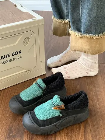 复古厚底加绒保暖单鞋一脚蹬乐福鞋女2023年季新款舒适不累脚棉鞋商品大图