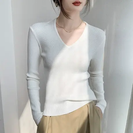 V领长袖针织羊毛打底衫女2023秋冬新款修身正肩纯色西装内搭上衣商品大图