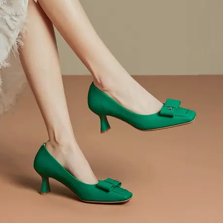绿色高跟鞋女细跟时尚优雅蝴蝶结女鞋法式方头浅口里外真皮单鞋商品大图