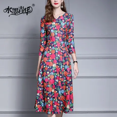 【1件7.9折】时尚大摆连衣裙冬季新款气质休闲印花收腰显瘦裙子女商品大图