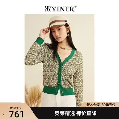 YINER音儿专柜女装2022秋季新款长袖印花上衣宽松针织开衫商品大图