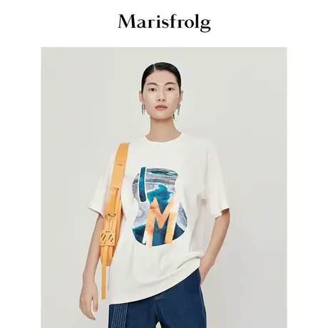【曹雨西联名款】玛丝菲尔23夏季新款米白色圆领宽松减龄T恤上衣商品大图