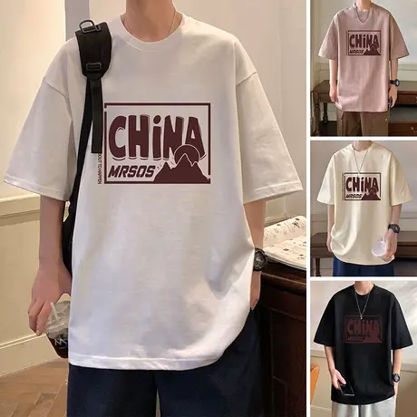 港风印花纯棉短袖t恤男夏季宽松男生ins潮流打底潮牌情侣半袖体恤商品大图