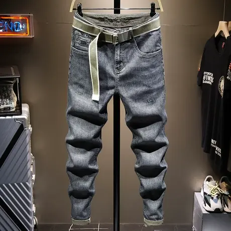 夏季薄款复古做旧男士休闲牛仔裤男修身小脚百搭长裤子男宽松直筒商品大图