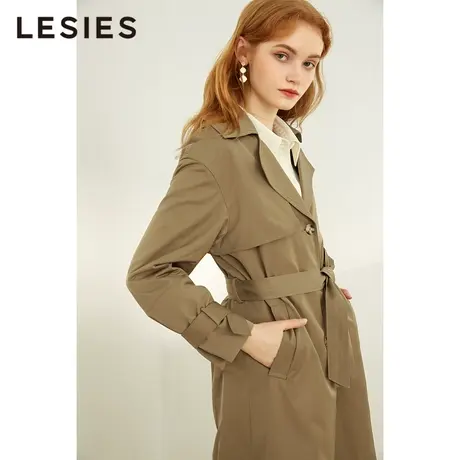 LESIES蓝色倾情春秋新款翻领经典双排扣系带长款淑女风衣外套商品大图