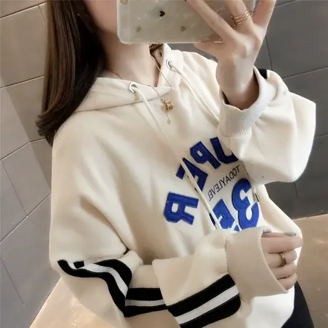 2023春秋装新款韩版宽松百搭条纹长袖卫衣女字母上衣外套潮连帽衫图片