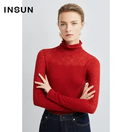 INSUN恩裳线上专选秋季修身高领不规则镂空针织衫商品大图
