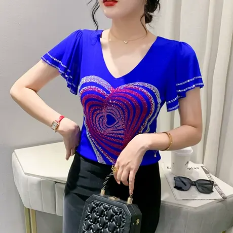 欧货网纱荷叶边T恤女短袖2024夏装新款性感V领上衣重工烫钻小衫潮图片
