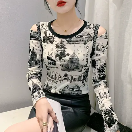不规则镂空露肩T恤女长袖欧货烫钻钉珠上衣洋气修身减龄打底衫秋商品大图
