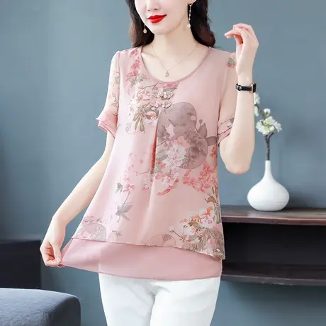 漂亮雪纺衫女短袖夏季别致洋气妈妈女士小衫宽松显瘦遮肚子女上衣图片