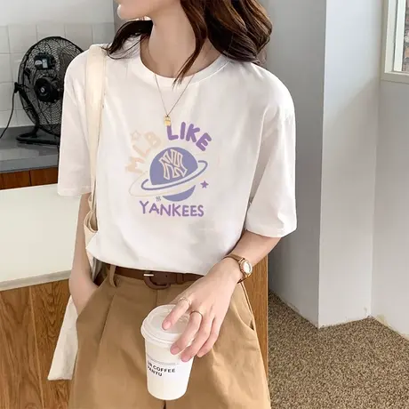 白色短袖t恤女夏2023年新款宽松大码半袖体恤潮牌超火纯棉上衣服商品大图