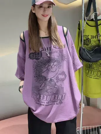 中长款露肩短袖卷发女孩印花T恤女夏季新款辣妹可爱甜美韩系体恤商品大图