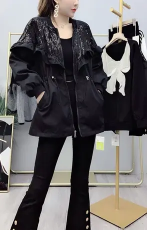 ins潮女春秋百搭风衣减龄v领拼接亮片拉链腰间抽绳宽松外套圆领款商品大图