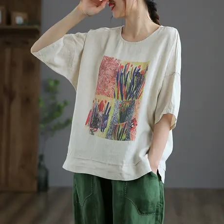 dza 高端100%亚麻短袖t恤女士2022夏季新薄款宽松棉麻上衣气质衫商品大图