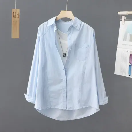 蓝色衬衫女减龄小清新2024春季新款薄开衫衬衣女休闲时尚别致上衣图片