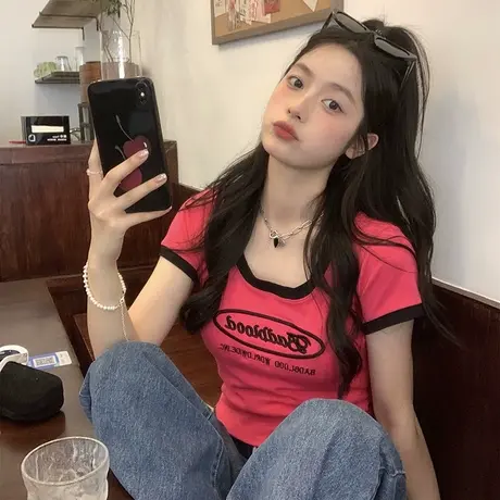 短袖t恤女装夏季复古撞色字母印花修身短款辣妹上衣ins潮商品大图