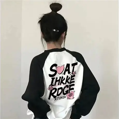 美式复古纯棉长袖t恤女春秋款设计感oversize慵懒风插肩打底衫图片