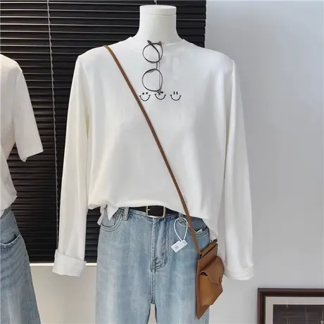 笑脸刺绣长袖T恤女2023秋冬新款加绒加厚德绒磨毛打底衫内搭上衣商品大图