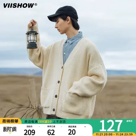 VIISHOW重磅慵懒风宽松开衫毛衣男日系开衫美式复古V领纯色针织衫商品大图