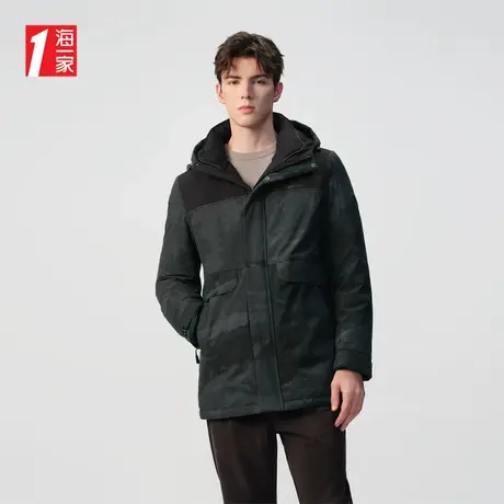 海一家时尚拼色花纹外套冬季保暖青春休闲活力连帽羽绒服男图片
