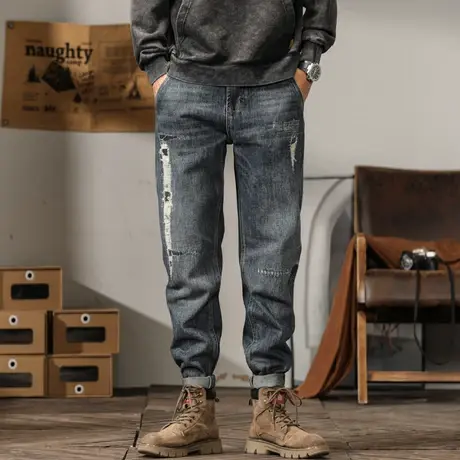 时尚复古潮流百搭男士牛仔裤休闲宽松水洗直筒时尚大码微弹裤子商品大图