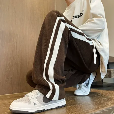 灯芯绒休闲裤男秋冬高街潮牌宽松直筒裤侧边条纹卫裤青少年运动裤商品大图