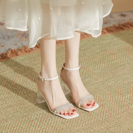 粗跟一字带凉鞋女水钻2024夏季新款透明水晶跟露趾时尚气质高跟鞋商品大图