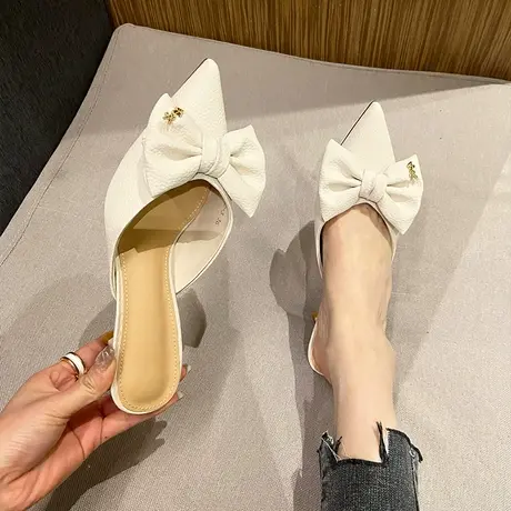 2024夏新款配裙子高跟鞋女蝴蝶结水钻尖头细跟后空凉鞋温柔仙女风商品大图