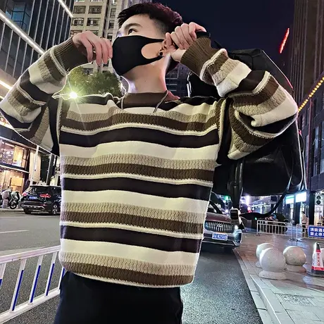 条纹毛衣男秋冬2023新款个性拼色设计感宽松慵懒风潮牌针织打底衫图片