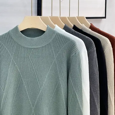 复古菱形提花保暖含羊毛衫半高领毛衣男士秋冬中领针织打底衫上衣商品大图