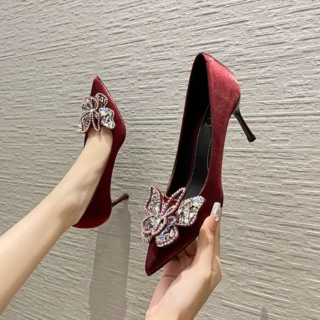 红色缎面高跟鞋女细跟婚鞋新娘鞋礼服2024新款蝴蝶结水钻尖头单鞋商品大图