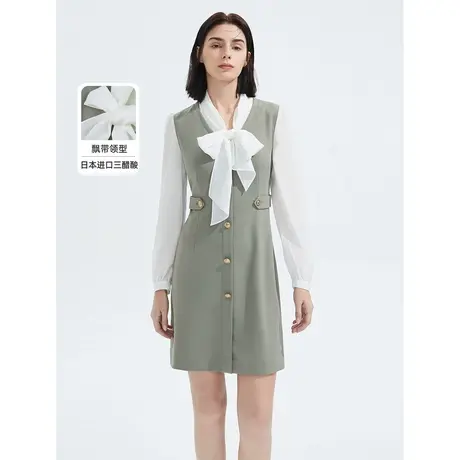朗姿法式气质高腰长袖纯色飘带衬衫裙连衣裙女秋季新款奥莱图片