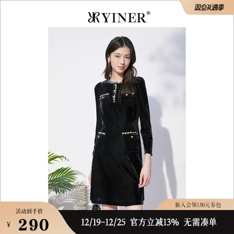 *Goodland美地女装秋季钉珠九分袖气质名媛灯芯绒连衣裙商品大图