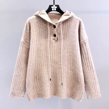 复古慵懒风条纹连帽毛衣女冬季2023新款宽松加厚外穿打底针织衫商品大图