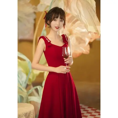 吊带敬酒服新娘夏季酒红色结婚订婚回门小晚礼服连衣裙小个子V领商品大图