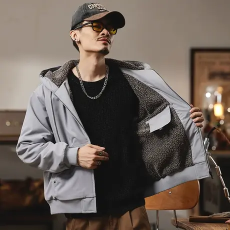 休闲百搭夹克复古宽松秋冬新款加绒夹克外套本布下摆男外套休闲男图片