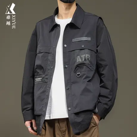 希越户外防风夹克外套男2024春秋宽松大码设计感假两件男生衬衣服图片
