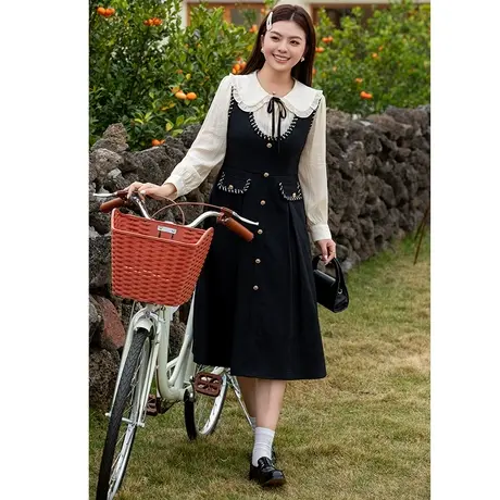 大码秋装连衣裙2024年新款法式气质优雅胖MM显瘦长款A字裙假两件图片