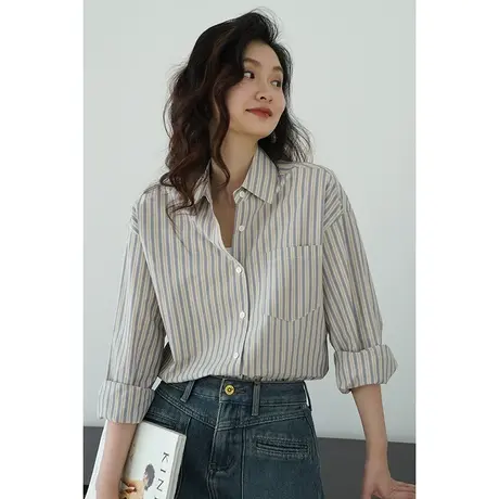 嘉茱莉竖条纹衬衫外套女2025春季新款翻领上衣中长款衬衣1OO棉商品大图