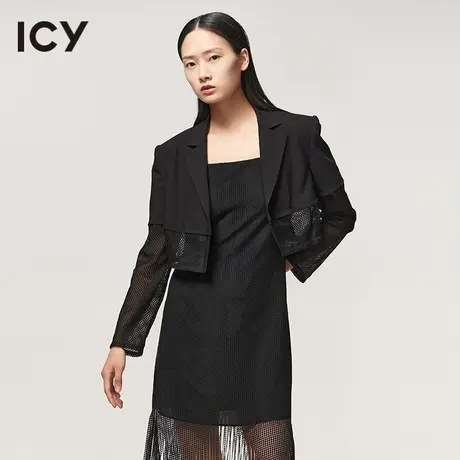 icy女装新款黑色透视圆点网眼拼接短款长袖黑色西装外套女图片
