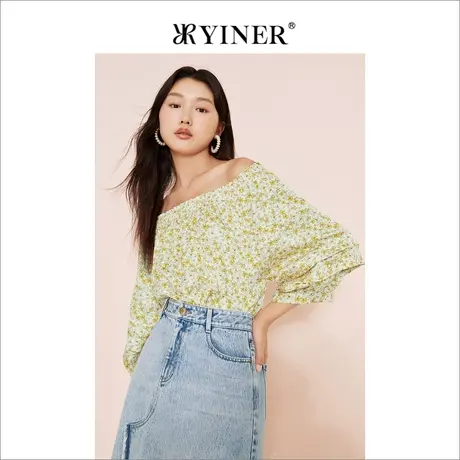 YINER音儿女装夏季印花桑蚕丝雪纺衫收褶上衣商品大图