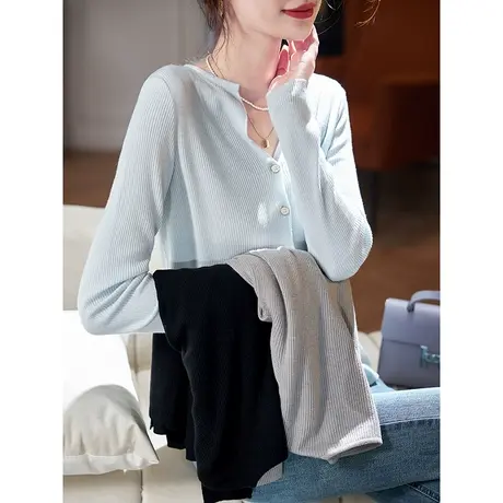 宝诗黎V领气质修身针织开衫2024春季新款韩系百搭简约纯色上衣女图片
