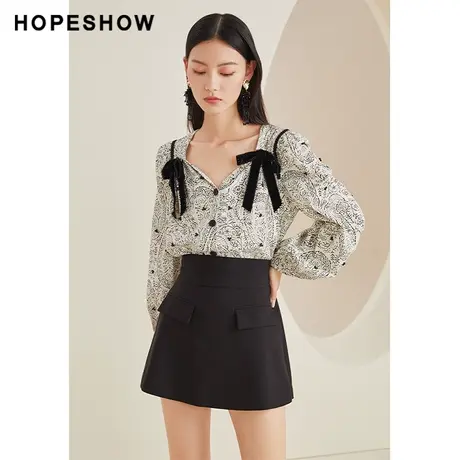 红袖outlets撞色提花衬衫hopeshow2023春季新款女钻石领显瘦上衣商品大图