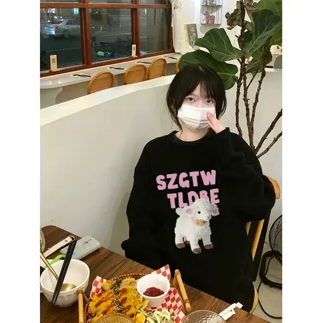 潮牌美式复古圆领卫衣女秋冬季加绒加厚小个子设计感宽松长袖上衣图片